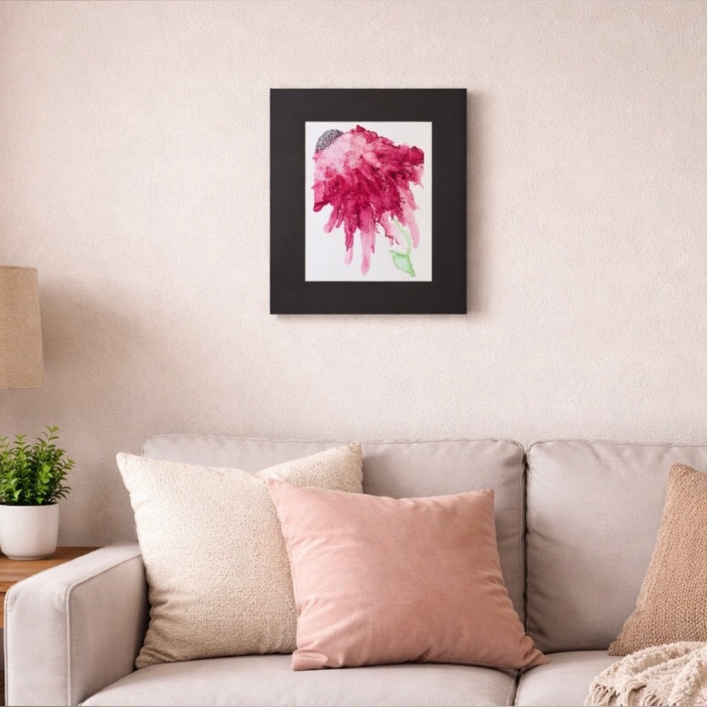Hand crafted magenta one of a kind botanical abstract alcohol ink painting - Picture 3 of 12